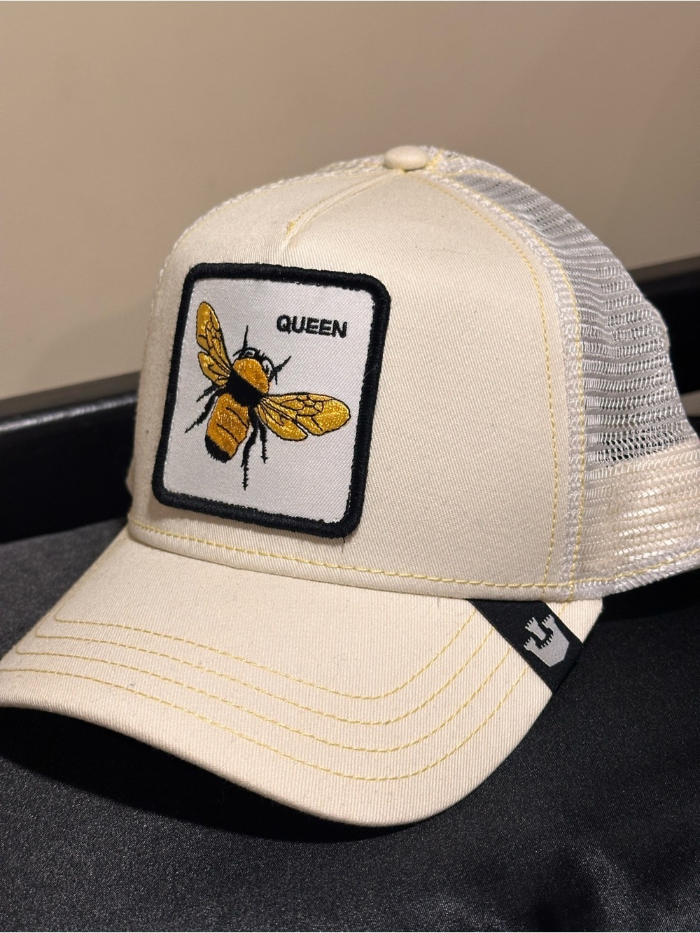 Queen Bee Embroidered Trucker Hat - Cream and Yellow